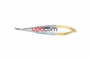 Микроиглодержатель по BARRAQUER, с крутой пружинной рукояткой, изогнутый, рифленые бранши с карбид-вольфрамовыми вставками, с фиксатором, длина 14 см