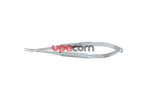 Микроиглодержатель по BARRAQUER, с крутой пружинной рукояткой, загнутый, гладкие бранши со специальным покрытием, с фиксатором, длина 14 см